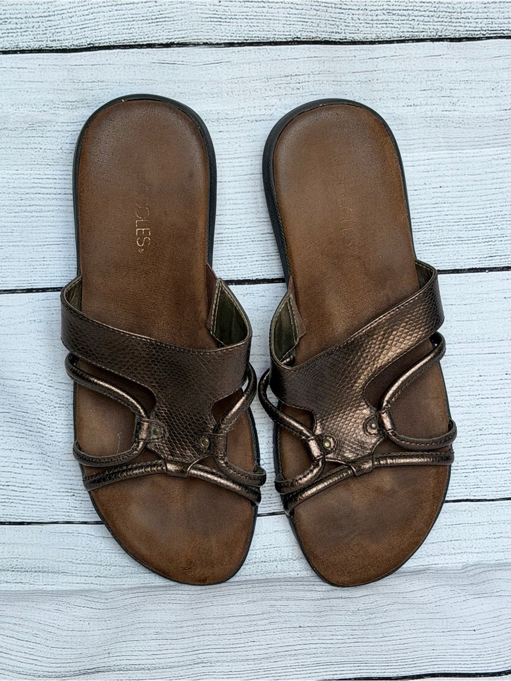 Aerosoles Metallic Snake Embossed Multi Strap Slide Sandals 9.5
